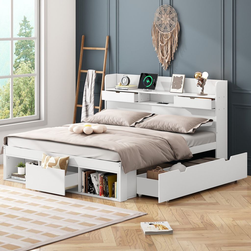 Odikalo Stauraumbett Doppelbett Jugendbett mit USB Schublade Stauschrank 140x190cm Weiß