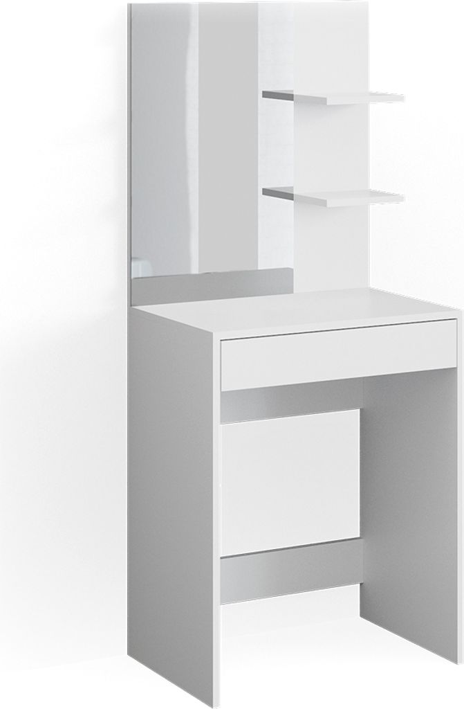 A white vanity table with a mirror and shelves.