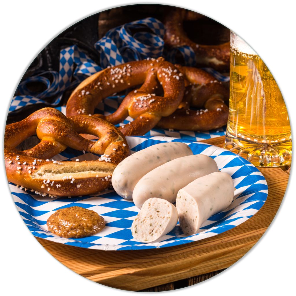 Wallario Premium Glasbild, freischwebende Optik, kräftige Farben, rund 50cm Durchmesser, Motiv Bayerische Brotzeit mit Weißwurst, Brezel und Bier