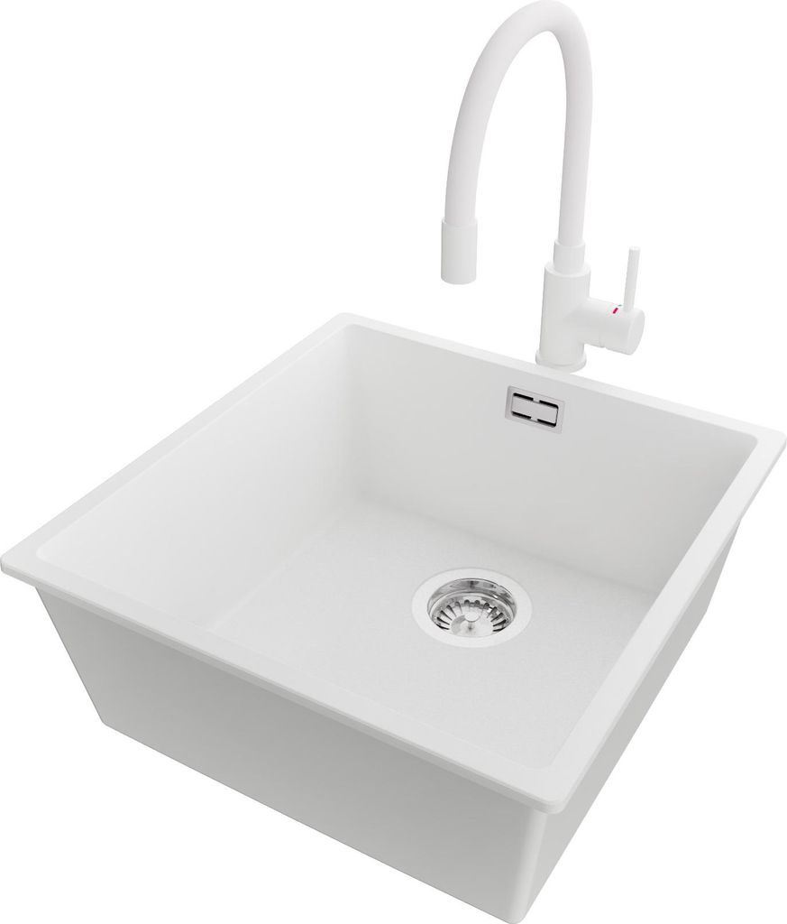 PRIMAGRAN Unterbauspüle Granit Weiß 46x47cm, Spülbecken 1 Becken + Küchenarmatur 38x14cm + Ablauf-Set, Granitspüle ab 50er Unterschrank - London