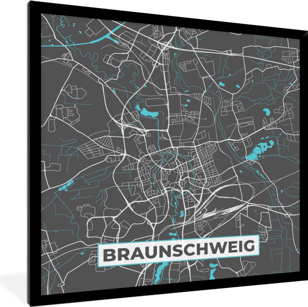 MuchoWow Gerahmtes Poster Deutschland - Blau - Braunschweig - Stadtplan - Karte 40x40 cm - Poster mit Schwarzem Bilderrahmen Wandposter Rahmen Fo...