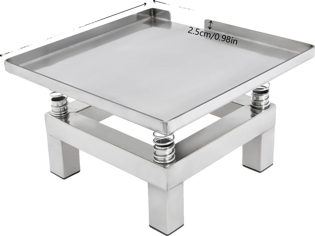A stainless steel platform with springs and legs, likely for vibration or weighing.