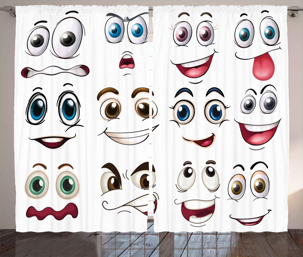 ABAKUHAUS Karikatur Rustikaler Vorhang, Hand gezeichnet Emoji Gesichter, Wohnzimmer Universalband Gardinen mit Schlaufen und Haken, 280 x 175 cm, M...