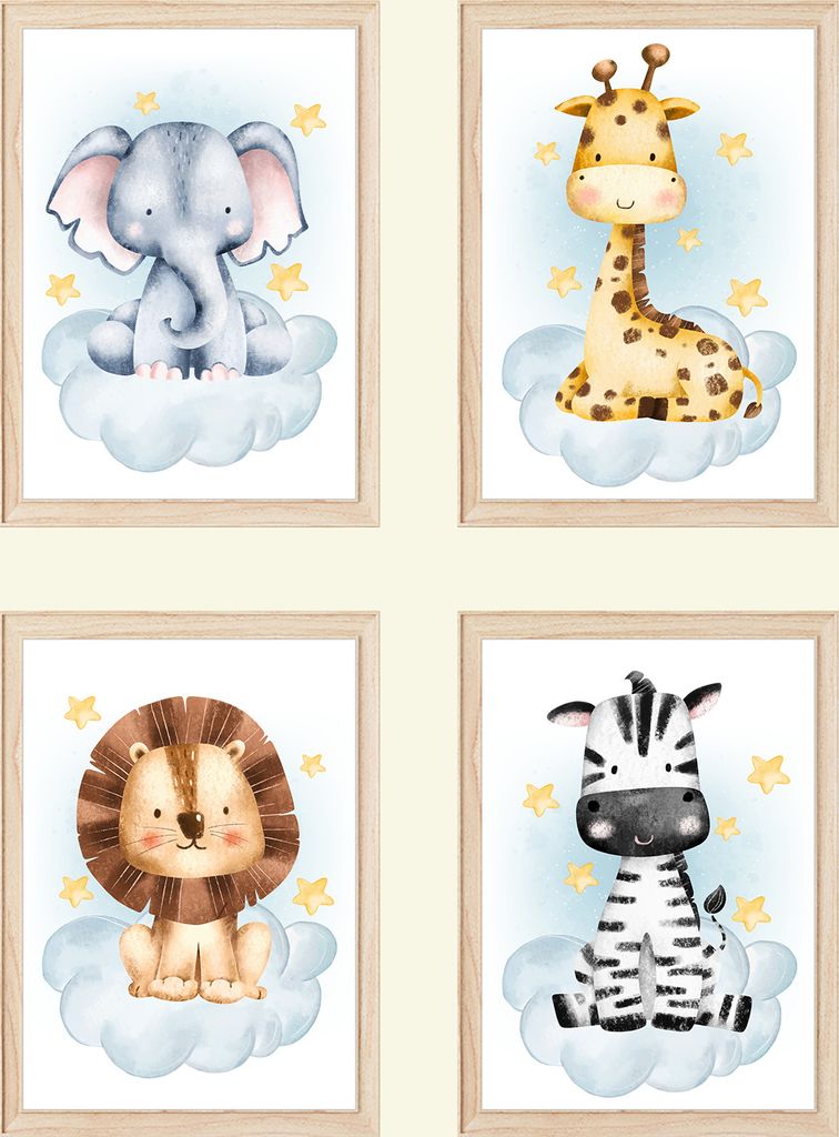 Safari Tiere 4er Set Bilder Elefant Giraffe Löwe Zebra Kinderzimmer Deko DIN A4 Poster Babyzimmer Wandbilder