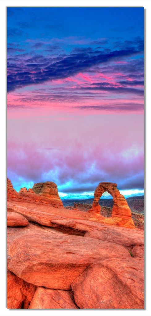 Wallario selbstklebende Türtapete 93 x 205 cm mit Schutzlaminat - Farbenfrohes Naturdenkmal - Steinbogen im Nationalpark Arches