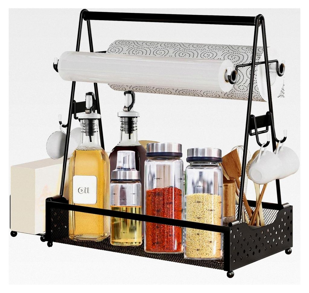 Grill Caddy für Camping, Picknick und Outdoor - Edelstahl Organizer für Campingzubehör, schwarzer Metall Tassenständer und Gewürzregal mit 4 H...