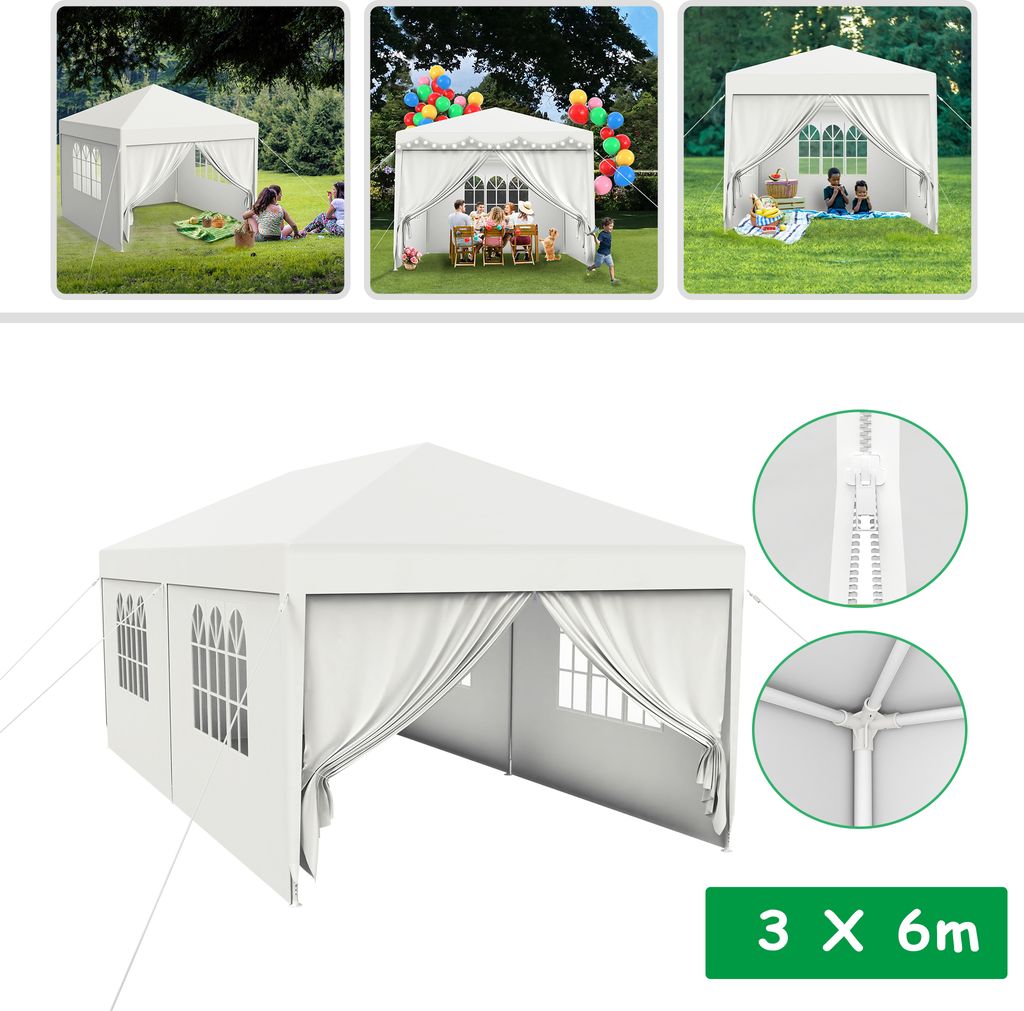 Collage of images showing a white party tent in different settings and close-ups of its features.