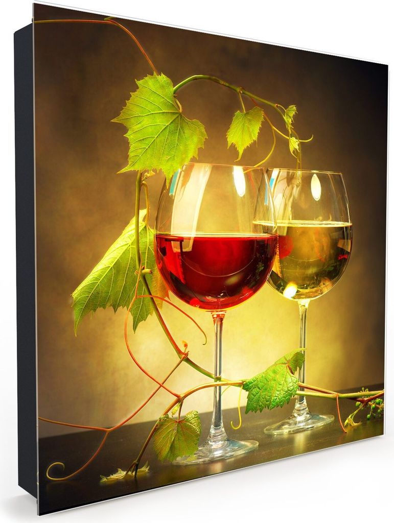 Nachbildung-Schlüsselkasten, Magnetpinnwand und Memoboard mit Glasfront Motiv Gläser Rot und Weisswein