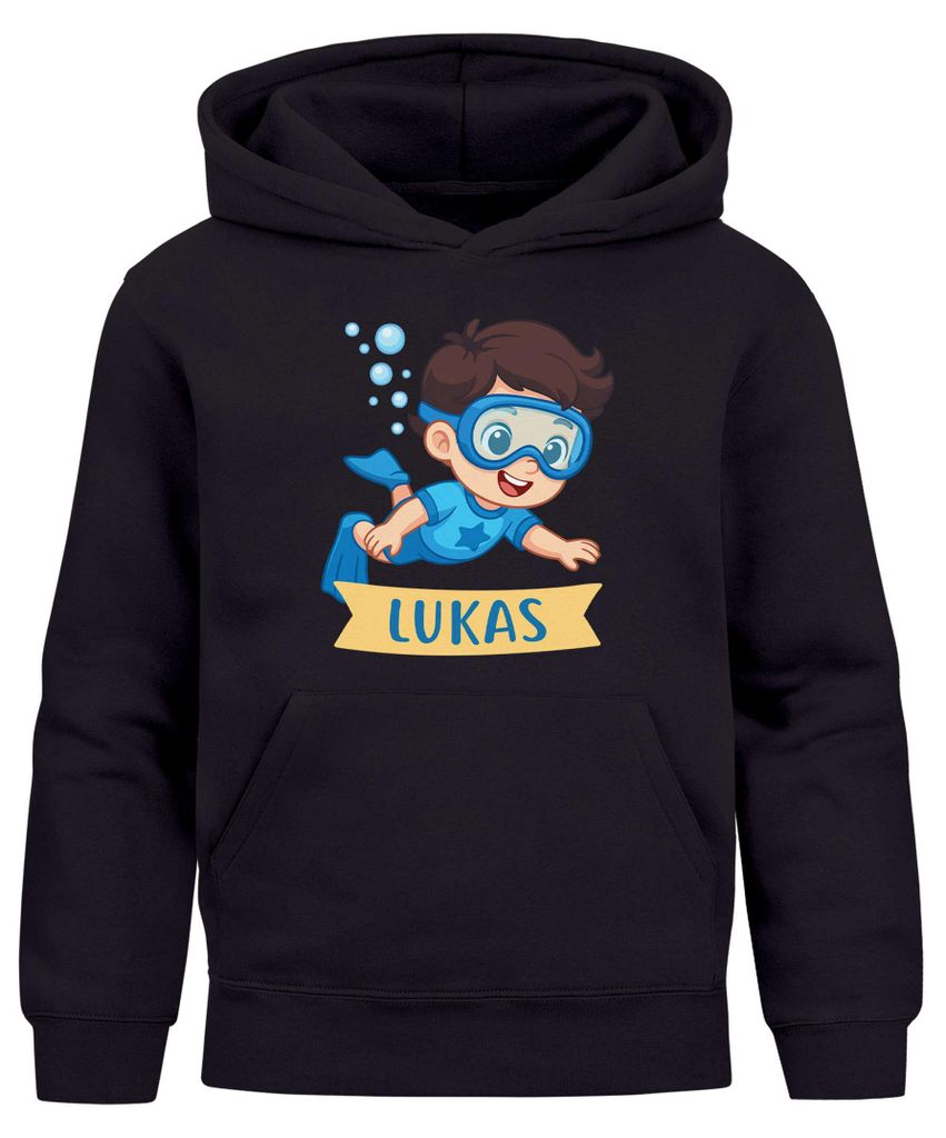Kinder Hoodie Jungen mit Namen Geschenk Schwimmen Tauchen personalisiert Jungengeschenke Kapuzenpullover Grafik Print Comic Stil Moonworks