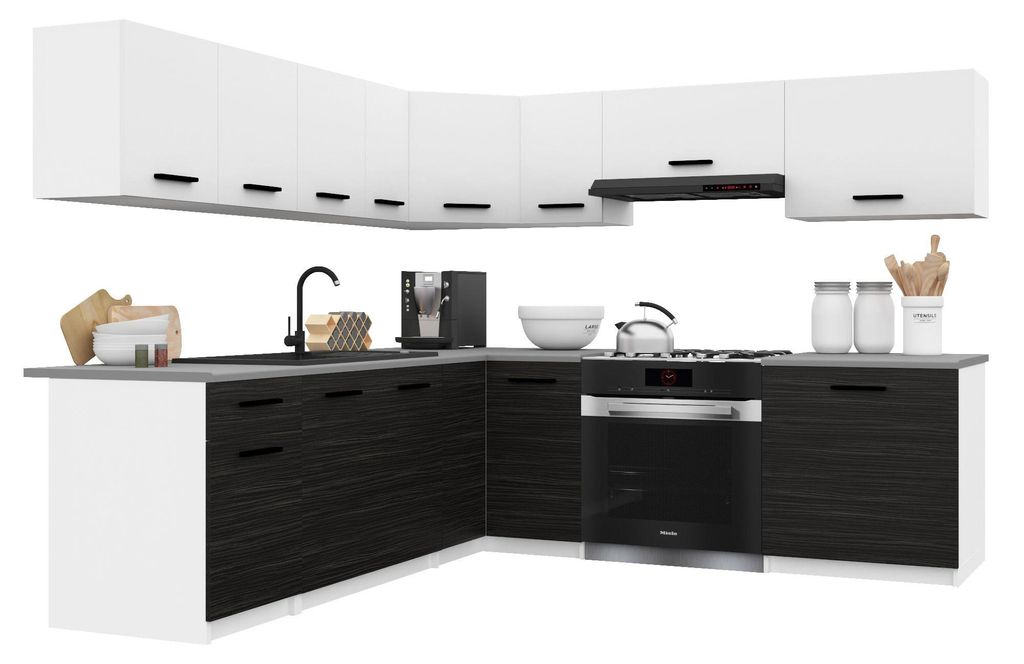 Belini Moderne Küchenzeile Küchenblock ITALIA 7 - Küchenmöbel 420cm Weiß-Ebenholz Matt - Einbauküche mit Hängeschränke, Unterschränke & Ar...
