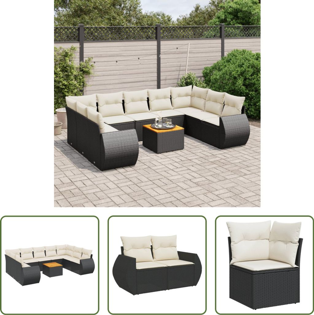The Living Store 10-tlg. Garten-Sofagarnitur mit Kissen Schwarz Poly Rattan