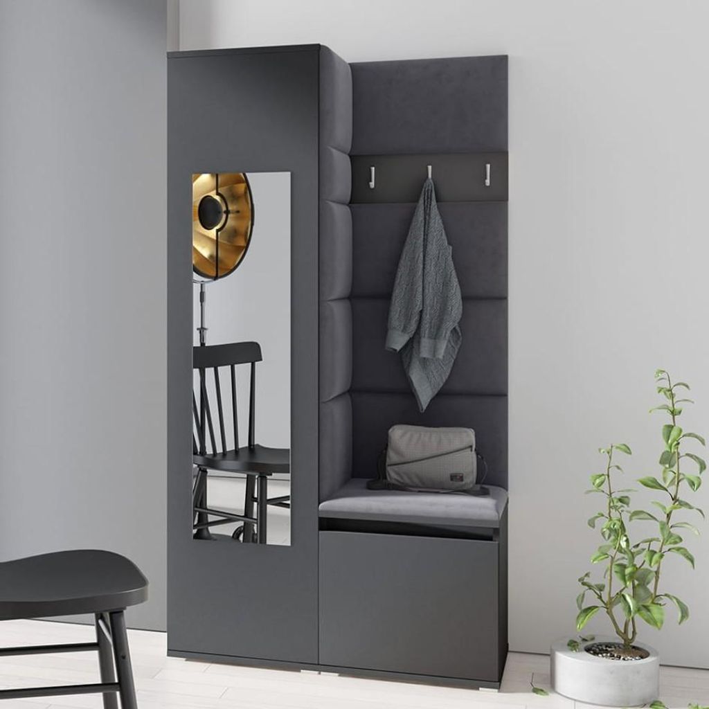 Garderoben-Set "Iga", Moderner Kleiderschrank mit Polsterplatten und Schuhschrank – Ideal für Flur und Eingangsbereich (Graphit, Trinity 16)