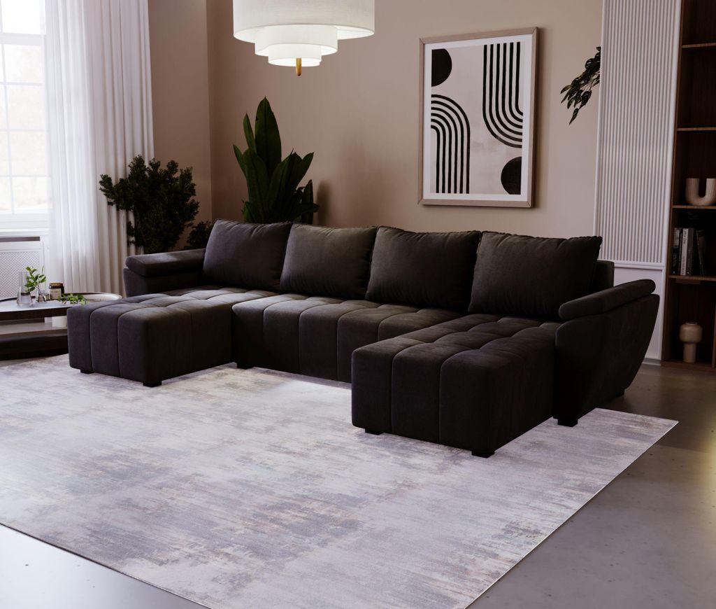 BEDANTE Ecksofa ZEUS U Monolith 97 Schwarz mit Schlaffunktion U-Form Sofa mit Stauraum Bettkasten Wohnzimmersofa Couch Sofa Bettsofa Bettkasten Bet...