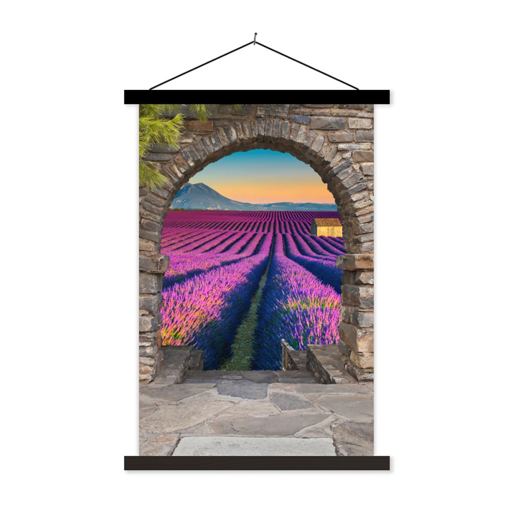 MuchoWow Textilposter Lavendel - Abend - Ausblick - Blumen 120x180 cm mit schwarzem Rahmen - Fotos