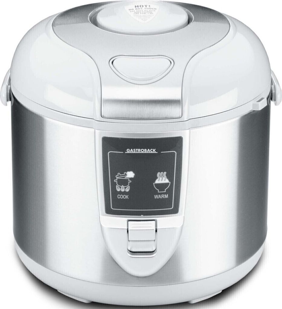 A close-up studio shot of a silver and white rice cooker.