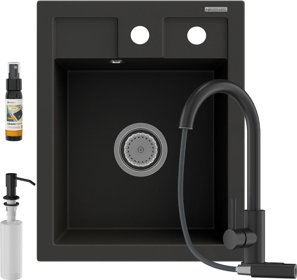 Best Kitchen Sink + Snake Sink + Classic Liquid Detergent Dispenser, Granitan, Granitkomposit, 400X500 Mm, Tiefe 182 Mm, Arbeitsplattenmontage, Sch...