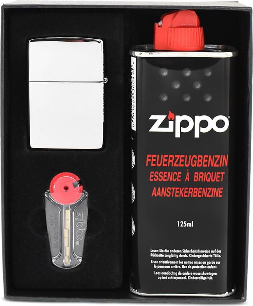Zippo Geschenkset - Stilvolle Feuerzeug 250er, Benzin & Ersatzsteine für Windschutz