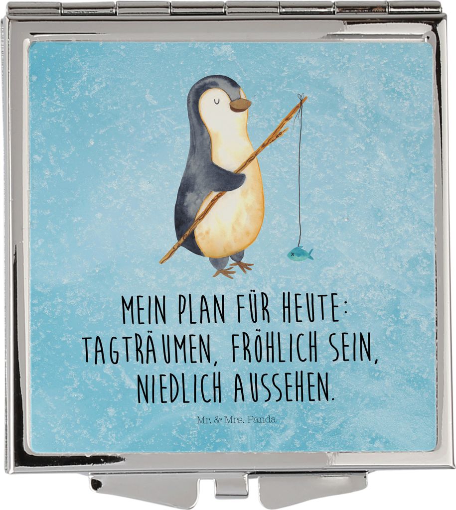 Mr. & Mrs. Panda Taschenspiegel Pinguin Angler - Eisblau - Geschenk, Kosmetikspiegel, Quadratischer Spiegel, Reisespiegel, Plan, Motiviert, Angeln,...