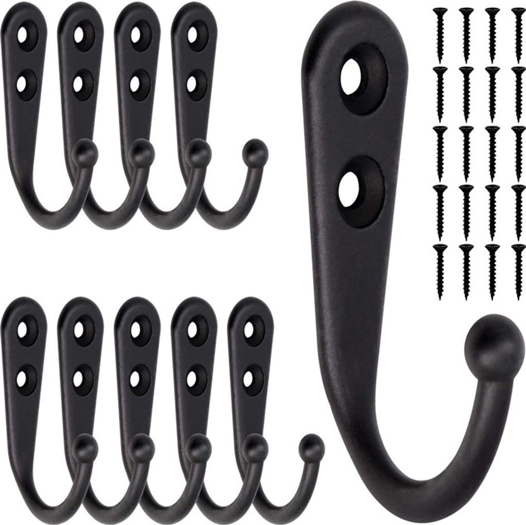 10 Stueck schwarze kleine Haken an der Wand montiert mit 20 Stueck Schrauben zum Aufhaengen von Taschentuechern, Schluesseln, Platz sparen