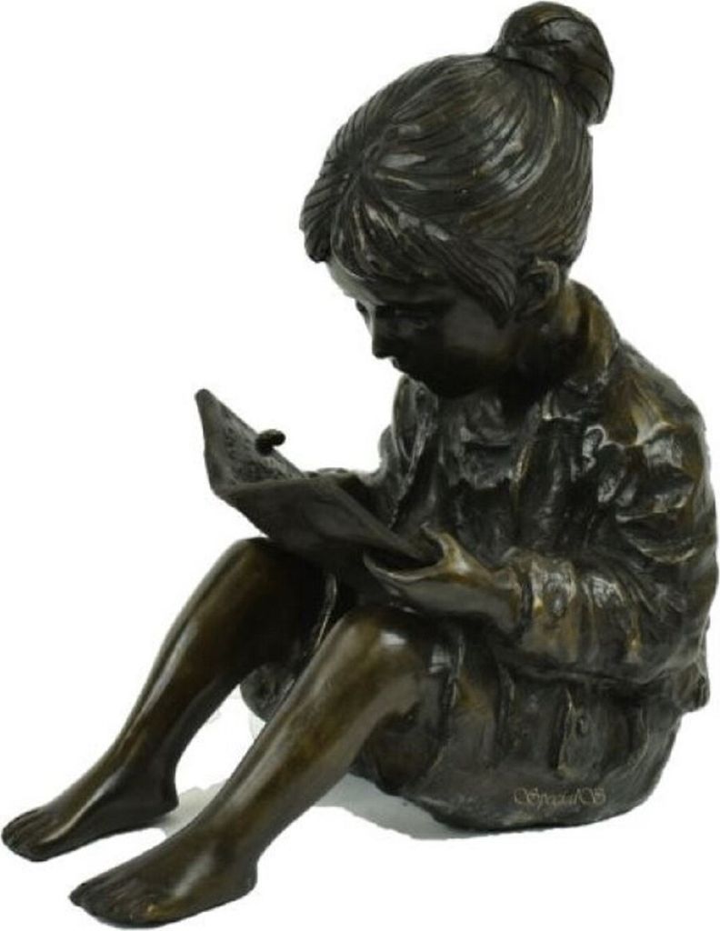Casa Padrino Luxus Bronzefigur sitzendes Mädchen mit Buch Bronze / Schwarz 19 x 27 x H. 30 cm - Bronze Skulptur - Dekofigur - Deko Accessoires