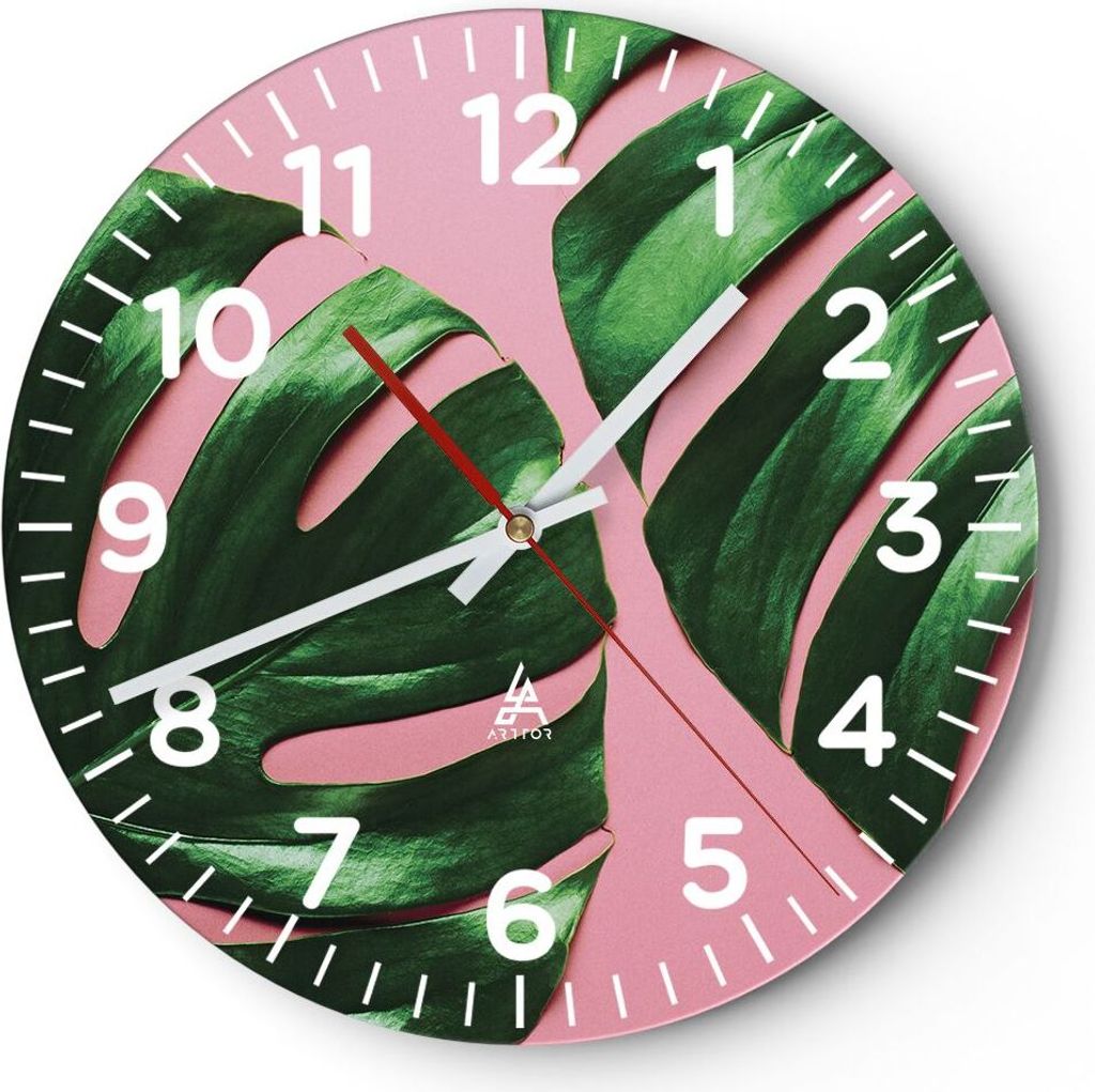 Wanduhr - Rund - Glasuhr - Monstera Blatt Rosa - 30x30cm - Schleichendes Uhrwerk - Lautlos - zum Aufhängen bereit - Dekoration Modern - Wanddekora...