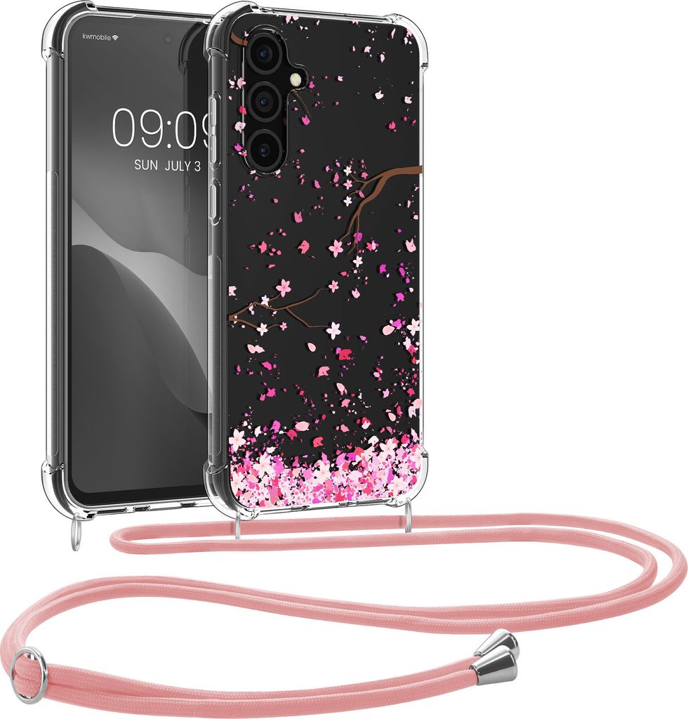 kwmobile Necklace Case kompatibel mit Samsung Galaxy S23 FE Hülle - Silikon Cover mit Handykette - Rosa Dunkelbraun Transparent Kirschblütenblätter