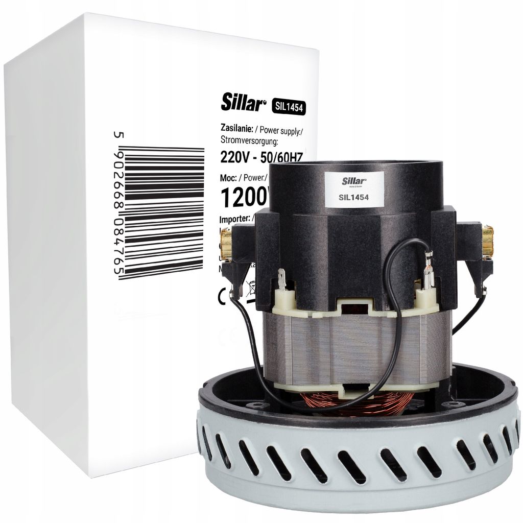 A vacuum cleaner motor is shown next to its packaging box.