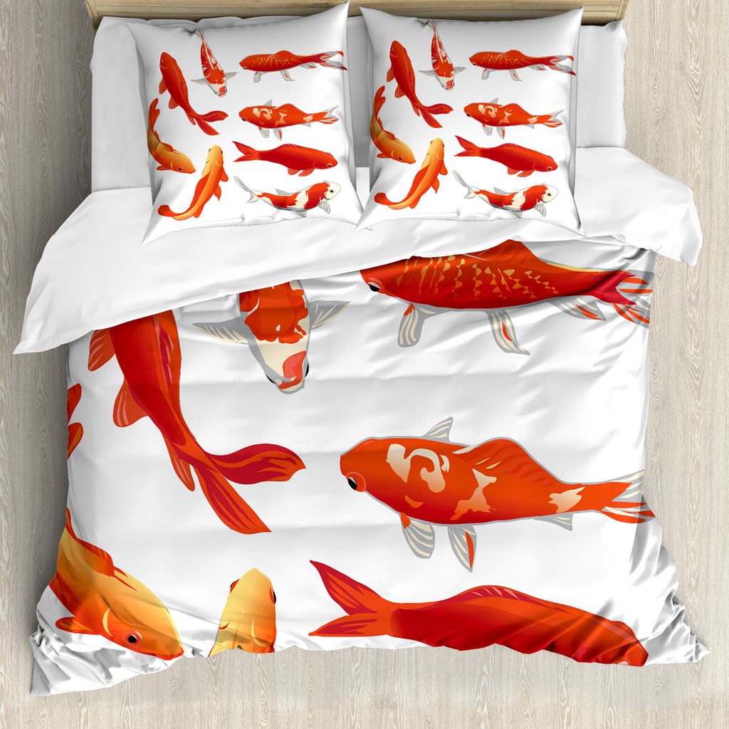 ABAKUHAUS Koifisch Bettbezug, Koi Shoal chinesischen Tier, Milbensicher Allergiker geeignet mit Kissenbezügen, 155 cm x 220 cm - 80 x 80 cm, Orang...