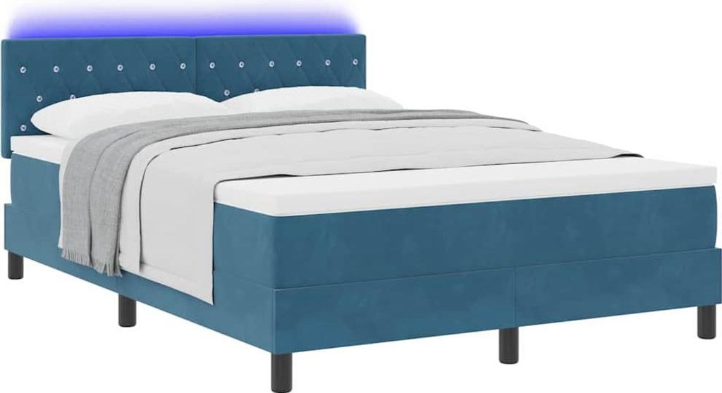 LED Boxspringbett mit Matratze Dunkelblau 140 x 200 cm Samt