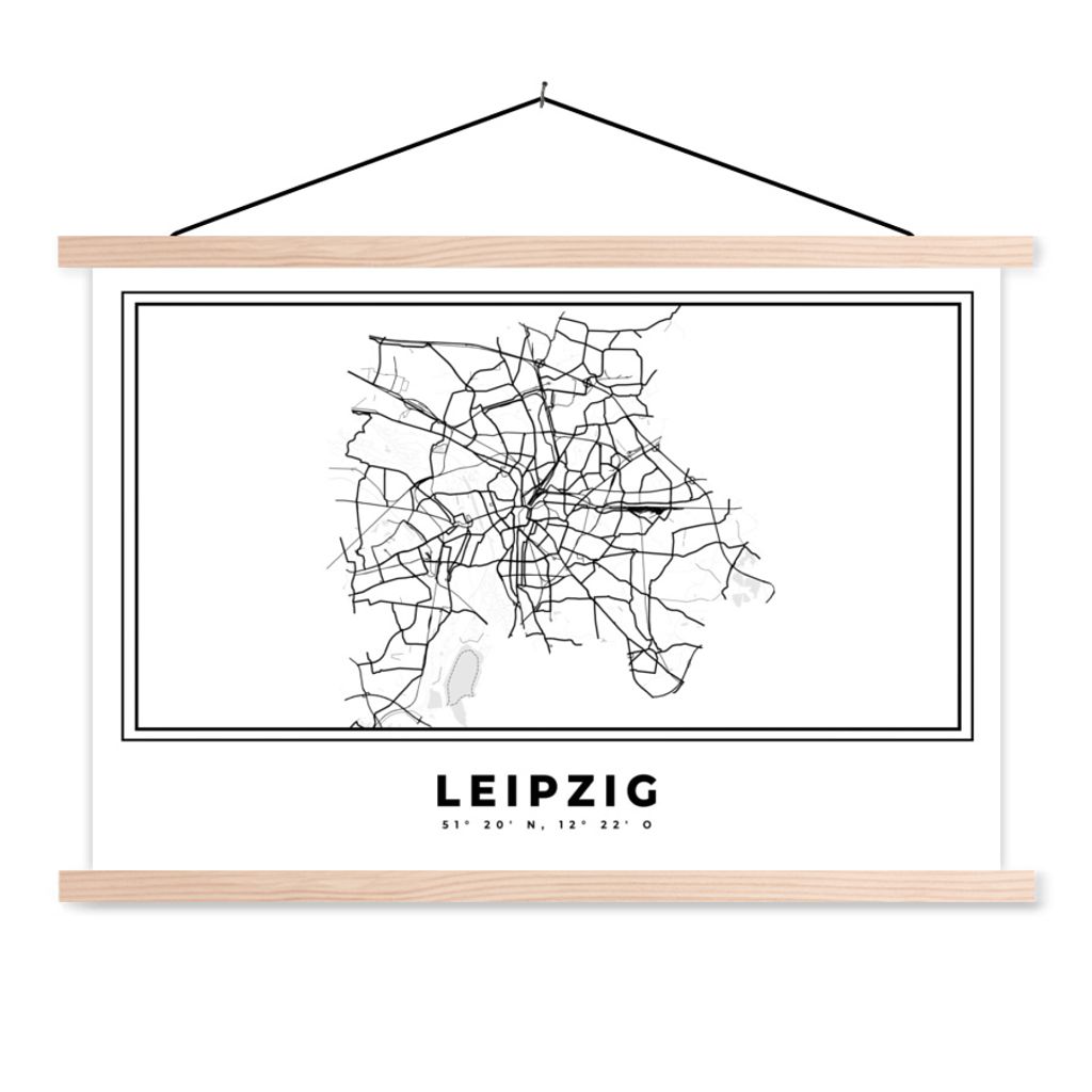 MuchoWow Textilposter Stadtplan - Deutschland - Schwarz und weiß - Leipzig - Karte 120x80 cm mit holzfarbenen Rahmen - Aufhängeset