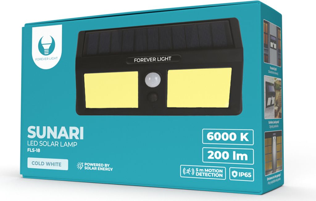 SUNARI FLS-18 COB PIR 3W solar LED Lampe 200lm 6000K 800mAh Li-Ion Forever Light
