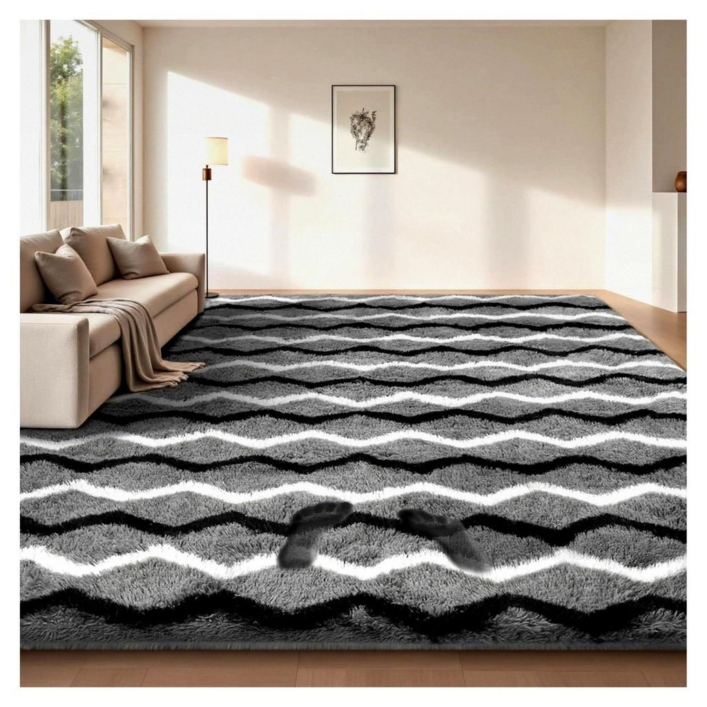 Hochflor Teppich Wellenstreifen 140 x 200 cm Dunkelgrau Waschbar Anti-Rutsch für Wohnzimmer und Schlafzimmer