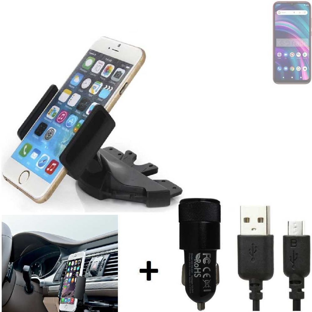 TOP SET K-S-Trade Autohalterung kompatibel mit BLU G51 CD Schlitz Halterung KFZ-Halter Radio Handy Halterung 360° drehbar DVD-Schacht inkl. Micro USB