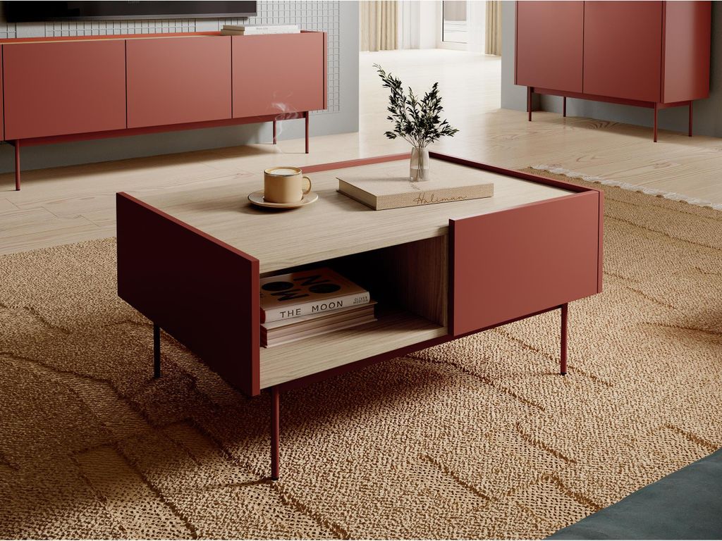Modern Couchtisch Cool Tisch mit 2 Schubladen Quadratischer rot Wohnzimmertisch Kaffeetisch mit Holzplatte, Farbe: Rot, Eiche Linea