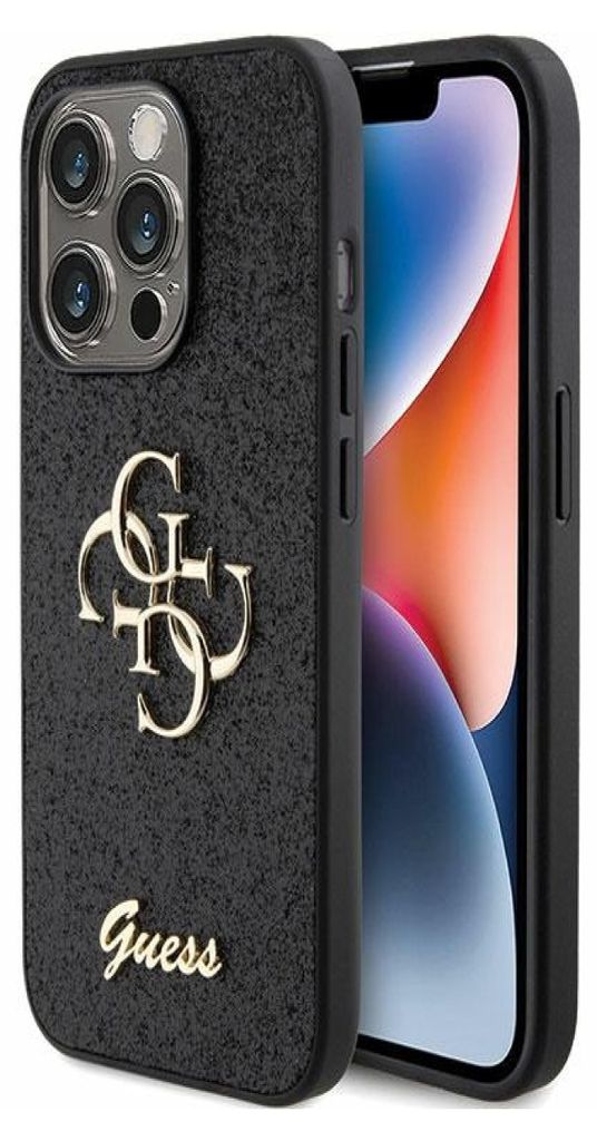 A black phone case with a gold Guess logo and text, shown with a smartphone inside.