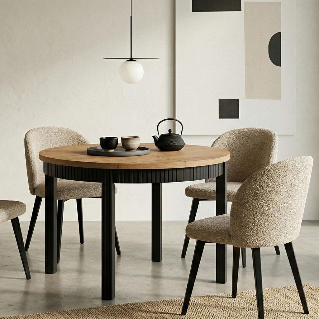 Runder Esstisch Ausziehbar RAVO – Beine aus Buchenholz geriffelt, Durchmesser: 90 / 140 cm, Farbe: Eiche Wotan / Schwarz