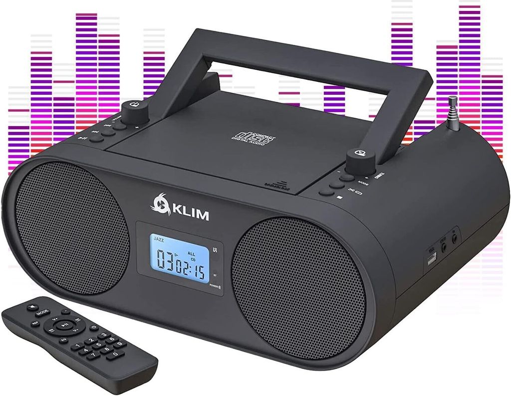 KLIM Boombox B4 Radio mit CD Player + AM/FM Radio, MP3, Bluetooth, AUX, USB + tragbarer CD Spieler mit kabellosem Modus und aufladbaren Akku schwarz