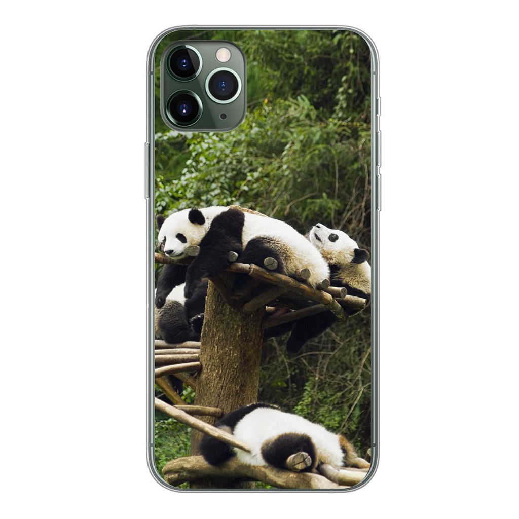 MuchoWow Handyhülle Schutzhülle Hülle für iPhone 11 Pro Max Pandas - Holz - Treppe Silikon Softcase Handy Hülle - Schutz