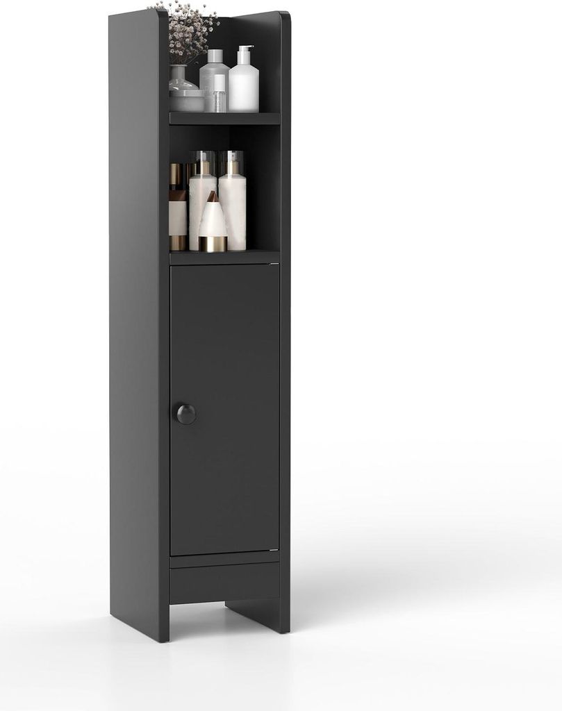 A black bathroom cabinet with shelves and a door, displaying various bottles and decorative items.