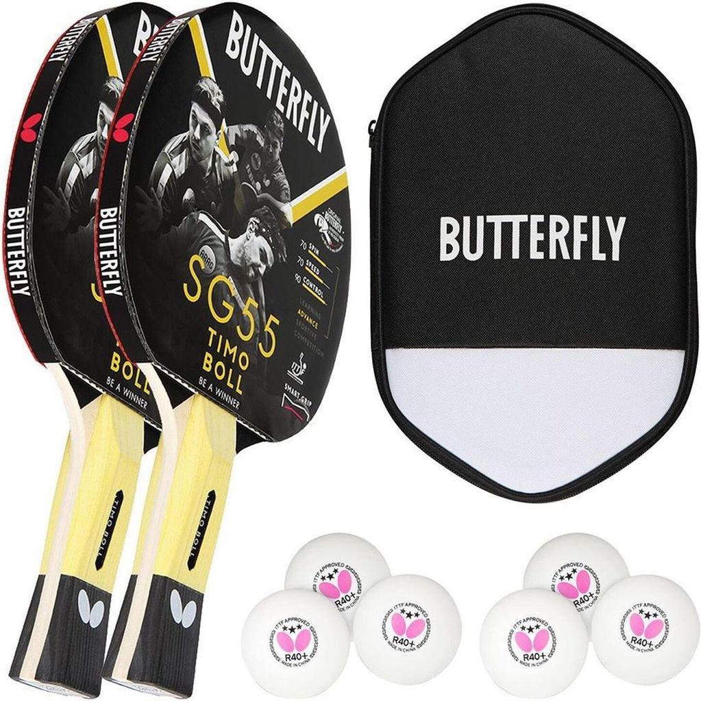 Butterfly 2x Timo Boll SG55 Tischtennisschläger + Tischtennishülle + 6x 40+ 3*** Tischtennisbälle | Tischtennisset Tischtennis Set TT Tabletennis