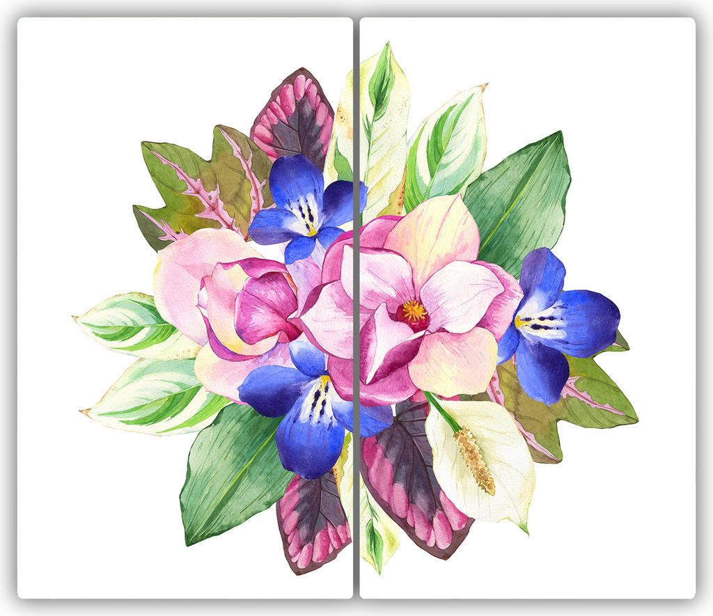 Tulup Glas-Herdabdeckplatte - 2x30x52cm - Glaskeramikkochfeld-Abdeckung Spritzschutz Zweiteilig Blumenstrauß