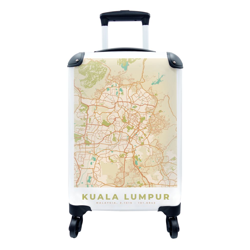 MuchoWow Koffer Handgepäck Trolley Rollkoffer Kleine Reisekoffer mit 4 Rollen - Karte - Kuala Lumpur - Stadtplan - Vintage - Cabin Size < 55x40x...