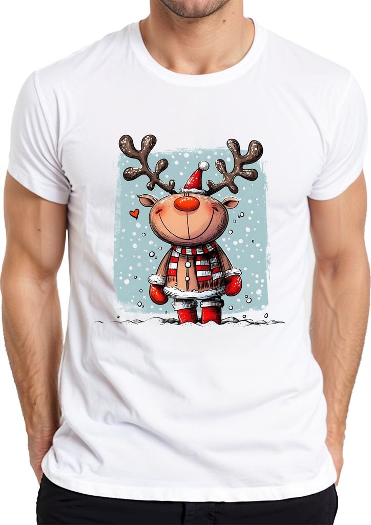 Niedliches Weihnachtsrentier Schal Herz Schneeflocken lustig Herren T-Shirt, Weiß, S