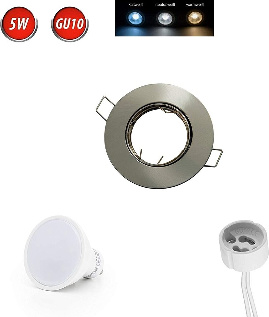 Einbaustrahler GU10 Ø80mm Bohrloch Alu inkl. GU10 5W Kaltweiß 350 Lumen LED Leuchtmittel Chrome Rund