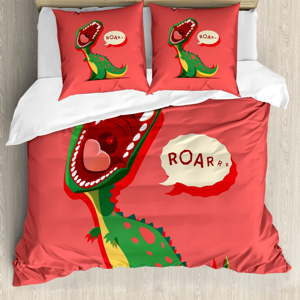 ABAKUHAUS Copripiumino con dinosauri, cartoni animati preistorici, antiacaro, adatto a chi soffre di allergie, con federe, 155 cm x 220 cm - 80 x 80 cm, corallo verde giallo