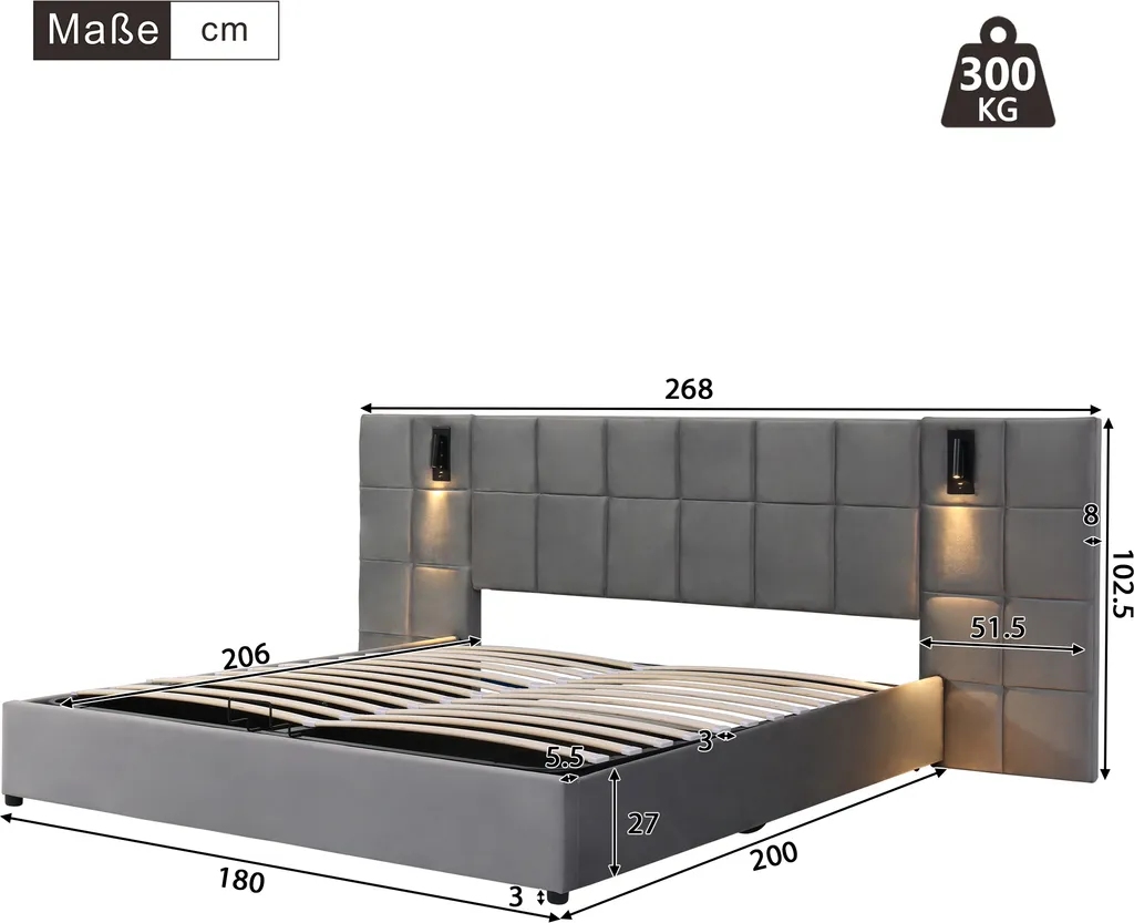 Merax Lit Boxspring 180x200cm Hydraulique avec USB et Liseuse Velours - 4