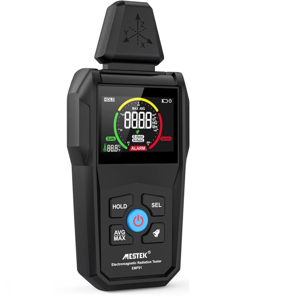A black digital electromagnetic field radiation tester is shown against a white background.