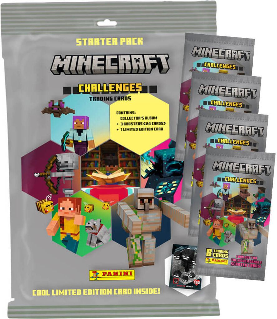 Panini Minecraft 4 Karten - Sammelkarten Challenges Trading Cards (2025) - 1 Starter + 4 Booster