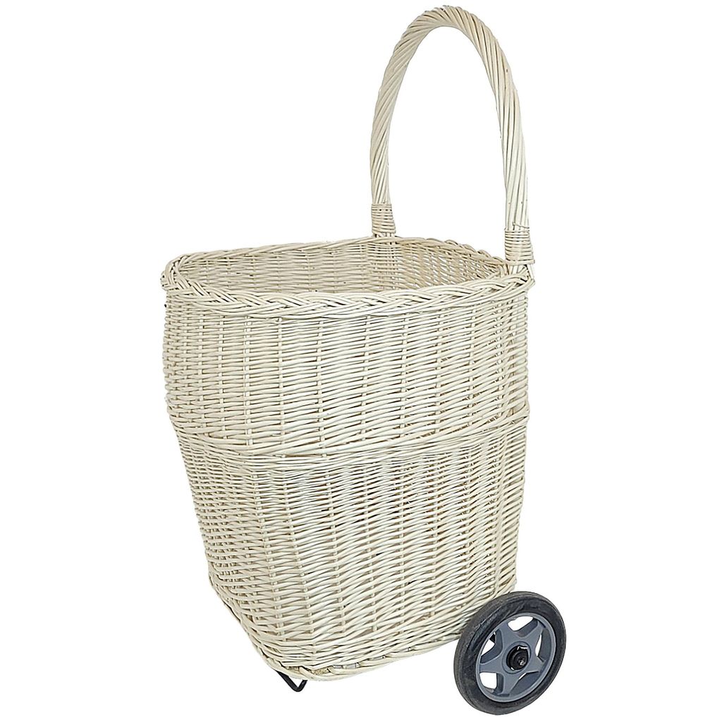 Großer weißer Weidentransportkorb mit Rädern für Einkauf, Picknick