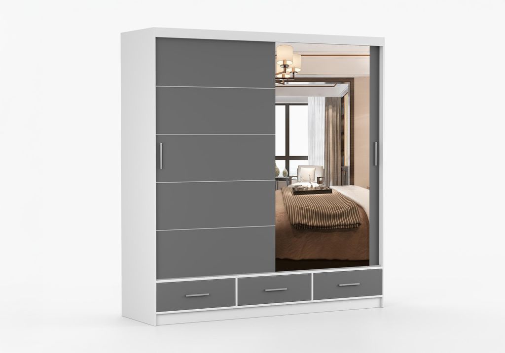 FRENCE Schwebetürenschrank Kleiderschrank 200 cm Weiß Matt/Grau mit Spiegel, Schubladen, Schiebetürenschrank